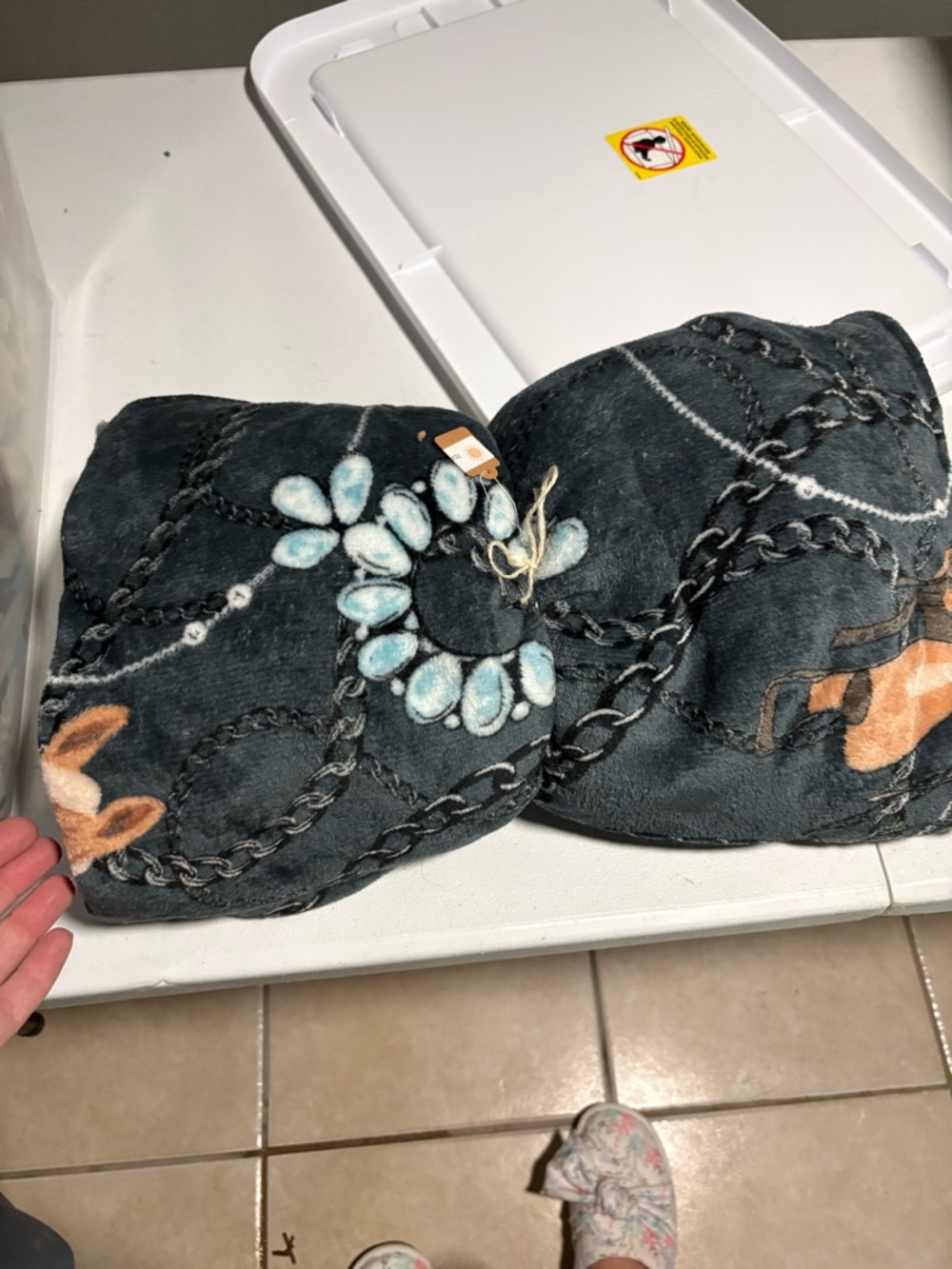 Plush Decorative Throw Blanket - Black with Aqua Floral Accents